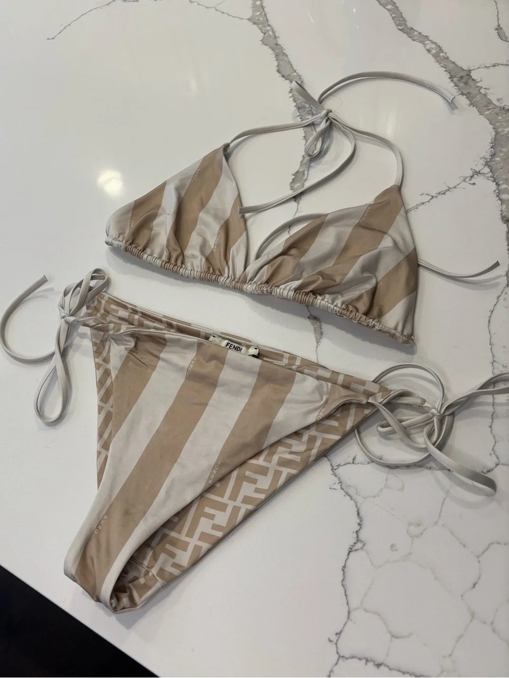 Fendi Beige & Cream REVERSIBLE FF Logo Triangle Bikini Bottom